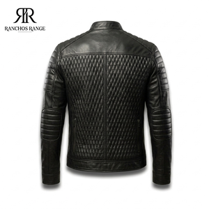 <b>Men's</b> Genuine Leather <b>Biker</b> <b>Jacket</b>-Diamond Stitched Slim Fit Caf Racer Motorcycle <b>Jacket</b> - Product Image 2