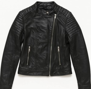 Veste en cuir noire pour homme, style motard, style café racer, col mandarin matelassé, coupe ajustée, fermeture éclair asymétrique, écologique - Product Image 1