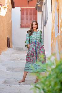 Robe Zahara imprimée à la main, robe bohème en coton, décontractée, occasionnelle, vacances, été, florale, turquoise, rose - Product Image 5