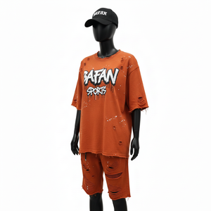 Women Premium Cotton Oversized T shirt Short set Soft Breathable Fabric <b>Rust</b> Color Distressed 100% Cotton T Shirt & Short Set - Product Image 4