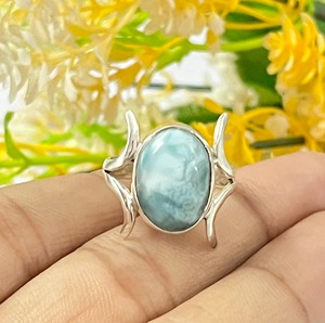 Handmade <b>Boho</b> Natural Larimar Gemstone Women's <b>Silver</b> Statement <b>Ring</b> Oval Cut Diamond Bezel Setting for Weddings - Product Image 1
