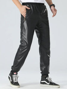 กางเกงหนังผู้ชายมีกระเป๋าซิป | กางเกงผู้ชายผ้าย่นไม่ยับง่ายย้อมสีเรียบง่ายสวมใส่สบายและทันสมัย - Product Image 6