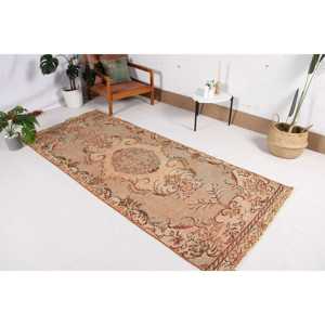 Vintage Turkish Rug 3.5x8.6 ft, <b>Brown</b> Area Ombr <b>Wool</b> Rug - Product Image 2