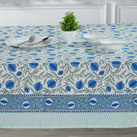 Tissu de table à fleurs bleu ciel fait à la main, couverture de table en lin imprimé de blocs pour cuisine, cadeau de décoration intérieure de style français