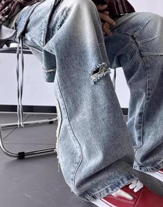 กางเกงยีนส์ผู้ชายเอวสูงผ้าแคนวาสลำลองระบายอากาศสไตล์วินเทจทรงขากว้างตรงหลวมขนาดใหญ่พิเศษแบบขาด - Product Image 6