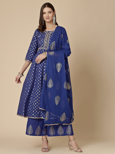 Ensemble Kurta pour femmes, tendance, bleu uni, 100% coton, broderie, avec pantalon palazzo et dupatta, tenue élégante décontractée - Product Image 3