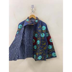 Hand-Embroidered <b>Reversible</b> Waffle Cotton <b>Jacket</b> the Indigo Bloom for Spring Season - Product Image 1