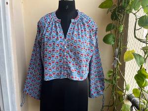 Blusa de algodón con estampado de bloques a mano para mujer, blusa bordada Floral con decoración de botones, prendas de vestir cortas informales, mangas sin mangas - Product Image 6