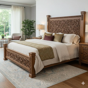 Premium Quality Modern Solid Wood Foldable Adjustable <b>Bed</b> Frame <b>with</b> <b>Storage</b> Hand Carved Design Bedroom Furniture - Product Image 1