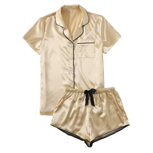 Wholesale Nightwear Sleeping Dress Satin Silk Pajama Sets for Women Short Sleeve Sleepwear Soft <b>Pjs</b> Button Down Loungewear Set - Product Image 1