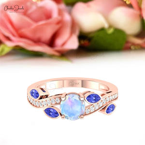 Bague de fiançailles en or massif 14K 0.15 diamants CTW pierre de lune arc-en-ciel tanzanite pierre précieuse conception florale mariages raisonnables classiques - Product Image 1