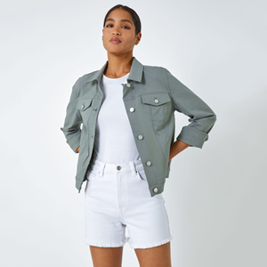 Women's Light Green Utility <b>Jacket</b> Turn-down Collar Three Quarter Sleeve Cotton Breathable Spring Short Length Button Closure - Product Image 1