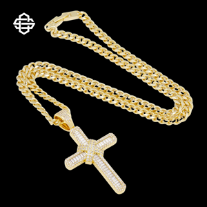 Collier pendentif croix nouée de luxe, plaqué or, avec diamants CZ baguette, bijoux hip-hop - Product Image 1