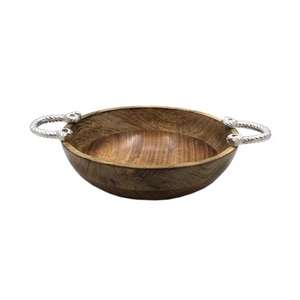 Bol de forme ronde en bois d'acacia pour la cuisine et la table avec poignée en métal Bol de service et bols décoratifs de couleur naturelle - Product Image 2