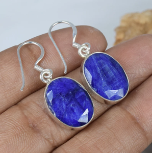 925แฮนด์เมดเงินสเตอร์ลิงสีฟ้าแซฟไฟร์อัญมณีรูปไข่ห้อยต่างหูของขวัญวันเกิดเครื่องประดับผู้หญิง - Product Image 3