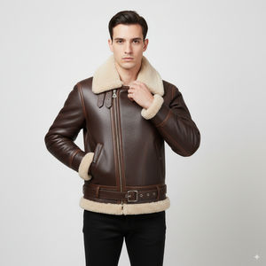 Trendy Hot Selling <b>Men</b> Cowhide Shearling <b>Fur</b> Leather <b>Jacket</b> Hair On Hide Biker Racing Motorcycle Winter Wear Manufacturer - Product Image 1