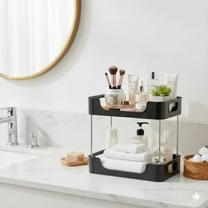 Élégante étagère de rangement multifonctionnelle à 2 niveaux avec poignées, finition brillante, organisateur en plastique et métal pour la maison et le bureau - Product Image 1