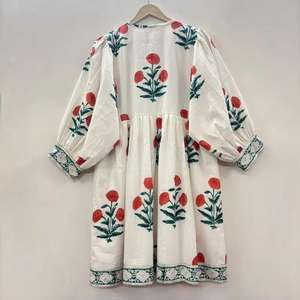 Haute qualité Floral main bloc imprimé femmes bohème coton robe mi-longue Kyra tunique courte cadeau pour votre bien-aimé - Product Image 5