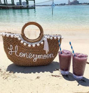 Luxury <b>Personalised</b> Honeymoon Straw Basket Beach <b>Bag</b> Handbag - Product Image 1