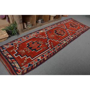 Vintage Herki <b>Runner</b> Rug 3.2x10.3 ft (98x315 cm), Turkish <b>Red</b> Polka dot Rug - Product Image 5