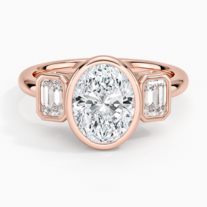 Bague de fiançailles pour femme en or 14K/18K avec trois pierres, diamant ovale cultivé en laboratoire et pierres latérales émeraude, certifiée IGI. - Product Image 5