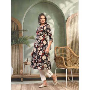 Kurta Recta de Algodón Puro para Mujer, Cuello Redondo, Largo hasta la Pantorrilla, Estampado Negro, Estilo Modesto - Product Image 2