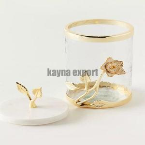 Diseño elegante Venta al por mayor Color ámbar Crackle Glass Frasco de almacenamiento de frutas secas Recipiente Rama dorada y negra Flor Tapa de metal - Product Image 4