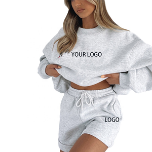 OEM Phụ Nữ Giản Dị Cotton 240gsm Dày Lông Cừu Rắn Dài Tùy Chỉnh In Thêu Crewneck 2 Mảnh Mùa Đông Áo Quần Short Thiết Lập - Product Image 1