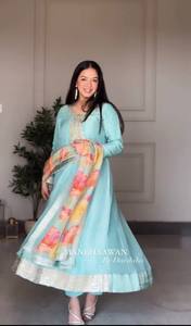 Lụa cao cấp trình tự thêu làm việc <span class=keywords><strong>anarkali</strong></span> ăn mặc Ấn Độ chất lượng cao Thiết kế in dài mẫu màu vàng cho - Product Image 3