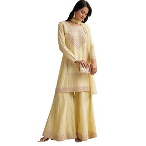 Traje Sharara bordado amarillo claro con Dupatta para ropa festiva tradicional y traje de fiesta de invitados de boda india - Product Image 1