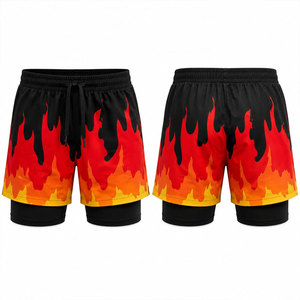 Shorts pour hommes à séchage rapide avec imprimé flamme, taille à cordon de serrage, style sport décontracté, 100% polyester, longueur courte - Product Image 1