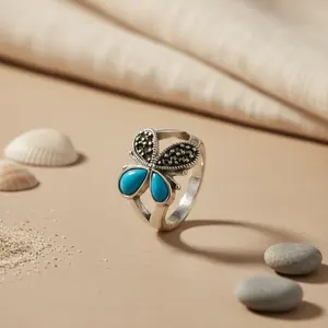 Bague papillon en argent 925 incrustée de turquoise pour femmes, style vintage à l'allure éternelle, avec acier inoxydable, cadeau élégant dans une boîte - Product Image 1