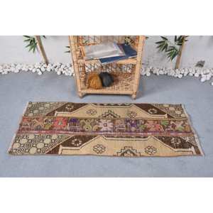 Alfombra turca vintage de 1,6x4,4 pies, marrón, beige, patrón floral, área grande, lana, Material PP para entrada, diseño de pasillo rectangular - Product Image 1