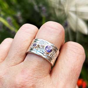 Amethyst Moonstone <b>Spinner</b> <b>Ring</b> 13mm Wide Round White And Purple Gemstones 925 Sterling Silver February June Birthstones - Product Image 2