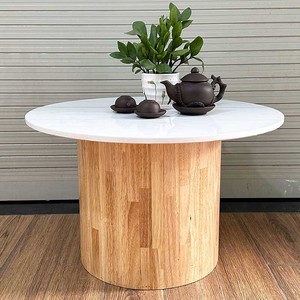 Modern 70cm Diameter Round Stone Top Coffee <b>Table</b> with Wooden Pedestal Base Durable Tea <b>Table</b> for Living Room-TT68236 - Product Image 6