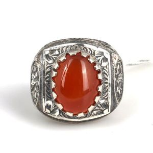 925 Sterling <b>Silver</b> Men's Ring with Orange Oval Agate Gemstone <b>Pen</b>-Style Bezel Setting Everyday Wear Fine Jewelry - Product Image 3