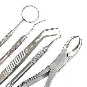 Ensemble d'instruments chirurgicaux dentaires : Miroir, sonde exploratrice, pinces, forceps d'extraction en acier inoxydable argenté avec poignée moletée, Classe I - Product Image 5
