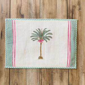 Hand Block Printed Quilted <b>Placemat</b> Napkin Set, Palm Tree Design Table Linens - Product Image 1
