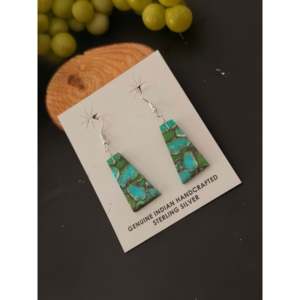 Navajo Green Mohave Turquoise & Sterling <b>Silver</b> Drop <b>Earrings</b> Geometric Slab <b>Dangle</b> Design Handmade - Product Image 4