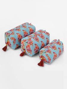 Sky Blue Vintage Eco-Friendly Water Resistant Durable Cotton Quilted <b>Zipper</b> Case for Large Toiletries and Makeup <b>Storage</b> - Product Image 2