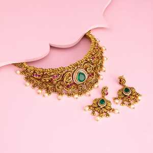 Antique Chokers <b>Necklace</b> 188666 Zinc Alloy Tassel with <b>Ruby</b>-Green Synthetic Zircon Stones Elegant Timeless for Wedding Occasions - Product Image 1
