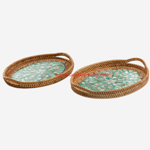 Plateau de service en rotin naturel de qualité supérieure avec incrustation de feuilles de nacre Table basse en osier décorative et organisateur pour un usage domestique - Product Image 2