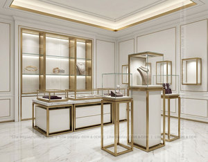 Présentoir de bijoux contemporain en laiton éclairé sur pied pour magasin de bijoux, vitrine de présentation de bijoux sur piédestal - Product Image 6