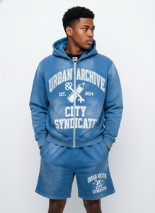 Custom Men s blue Acid Wash zip up Hoodie Shorts Tracksuit <b>Set</b> Graphic Streetwear Heavyweight OEM Private Label B2B Manufacture - Product Image 5