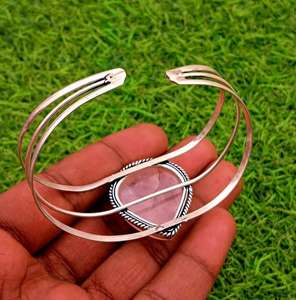 Brazalete ajustable de Plata de Ley 925, piedra preciosa de cuarzo rosa para curación y brazalete fino antiansiedad - Product Image 2