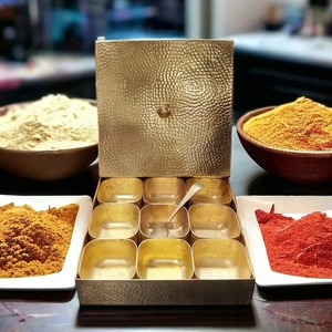 Very Rare Pure Brass <b>Square</b> Shape <b>Spice</b> Box Stylish Masala Dani Dabba 1 Spoon 9 Containers Multipurpose Antiques Metal Storage - Product Image 1