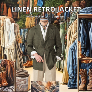 <b>Men's</b> <b>Linen</b> <b>Jacket</b> Fashionable Retro <b>Jacket</b> Coat Multi Pocket Design Drawstring Inside - Product Image 3