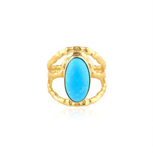 Bague de luxe de haute qualité en forme ovale avec pierre précieuse turquoise bleue, plaquée or 18 carats, texture en laiton, bande réglable - Product Image 1
