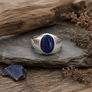 Bague en Lapis Lazuli Naturel Bleu Royal, Pierre Précieuse Ovale 10x14mm, en Argent Sterling 925, Inspirée d'un Chevalière, Massif, Taillée et Polie à la Main - Product Image 2