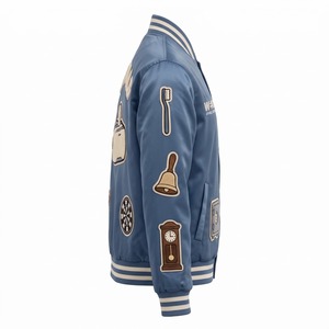 Blouson Bomber en Satin Personnalisé pour Homme Bleu Acier Crème avec Patchs en Chenille Brodés Logo Personnalisé OEM Streetwear - Product Image 4
